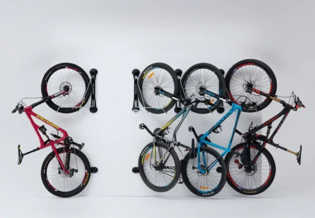 Mountain bikes hanging in storage