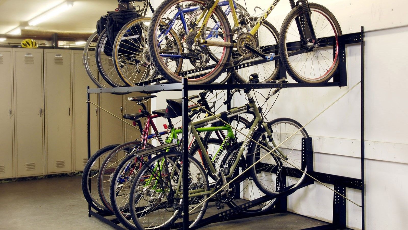locker room with double stacked bike storage rack for 10 bikes