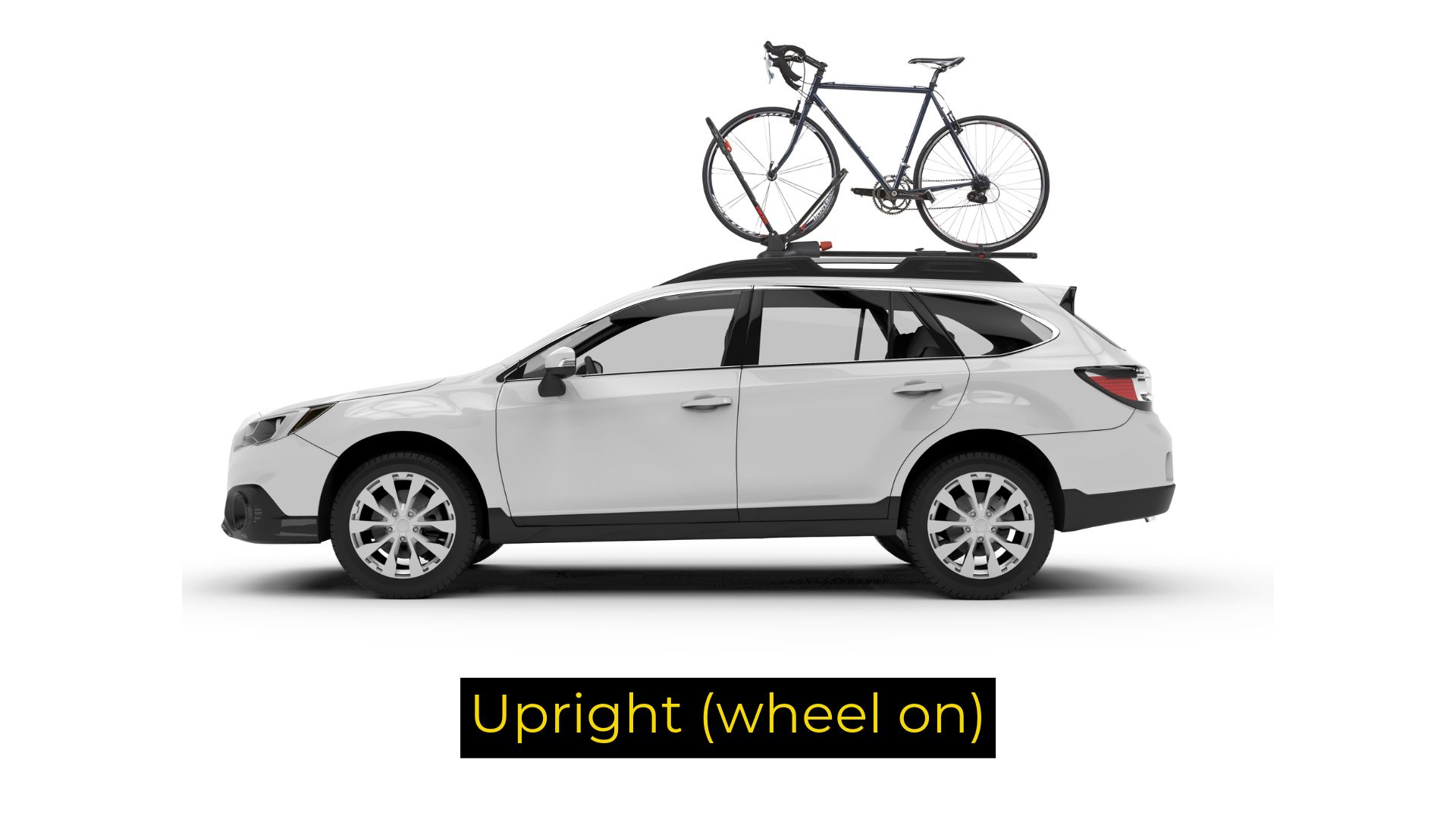 A car with an upright roof mount bike rack